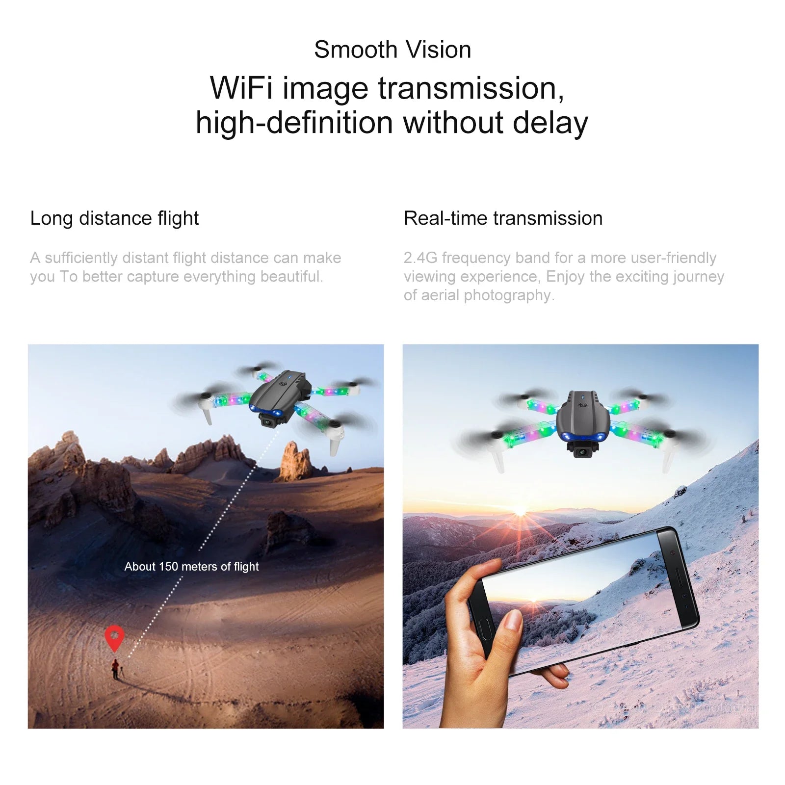 Small black camera drone with colorful LED lights flying over a desert and a snowy landscape, viewed via smartphone.