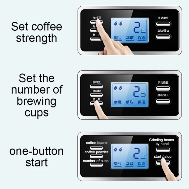 Black coffee maker digital control panel with LCD display, button settings for coffee strength and cup quantity.