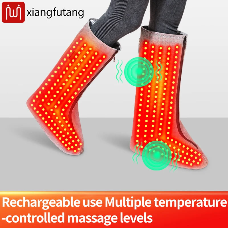 Full-wrap heated leg and foot massager with red light therapy for circulation, warmth, and pain relief.