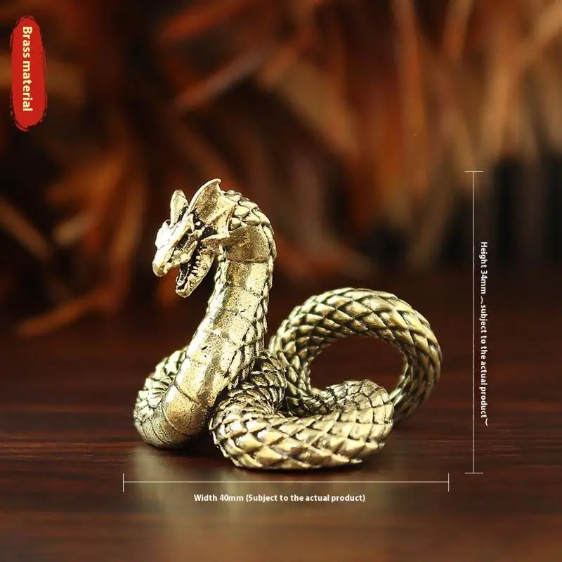 Antique brass snake zodiac ornament, 34mm tall solid metal tea pet statue for vintage home office desk decor.