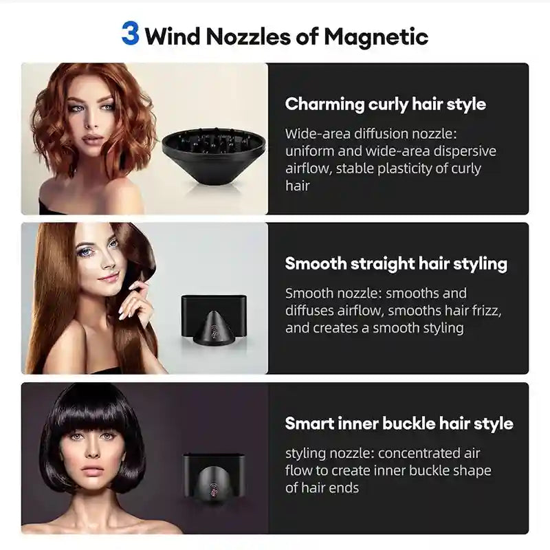 High-speed ionic hair dryer with 3 magnetic nozzles for curly, straight, and blowout styles. Professional salon dryer.