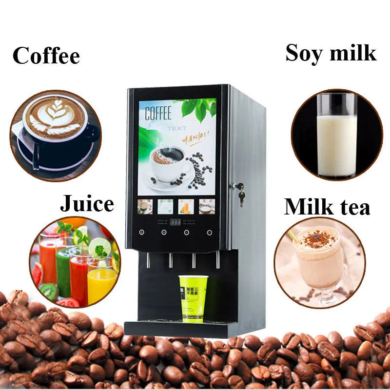 Black commercial multi-beverage machine for coffee, soy milk, juice, and milk tea with a digital touchscreen display.