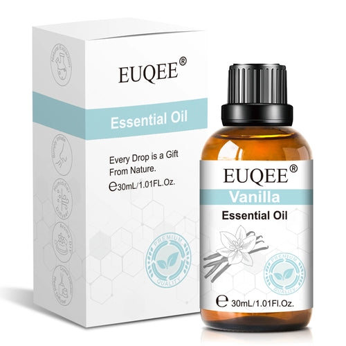 EUQEE Vanilla essential oil in an amber glass bottle with white box for aromatherapy and wellness.