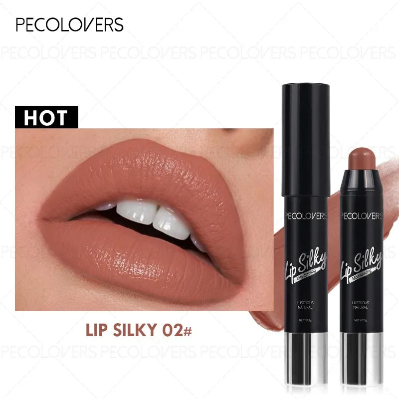 Pecolovers moisturizing lip silky pen in shade 02, a creamy nude brown lipstick for defined, lustrous lip makeup.