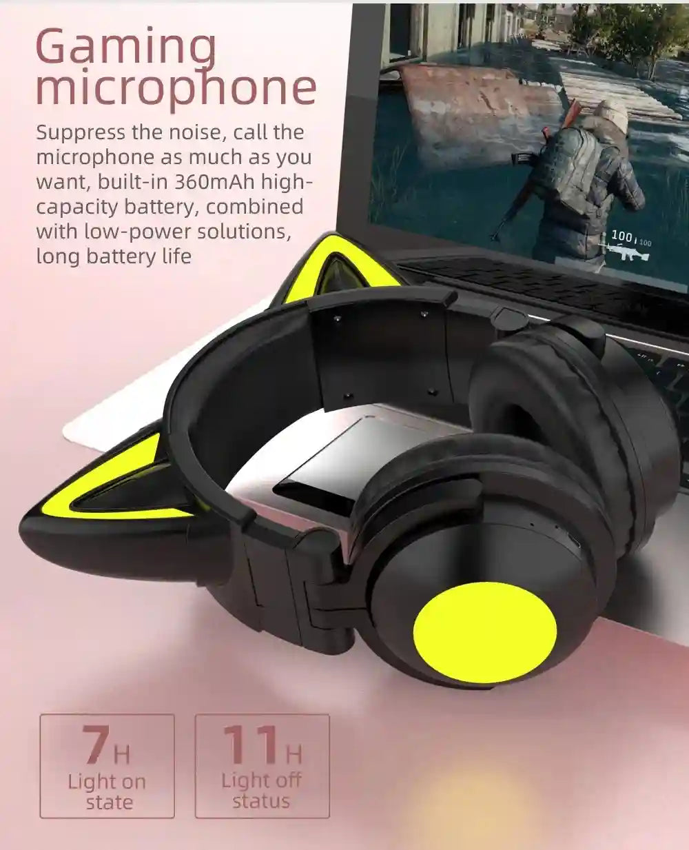 Wireless Cat Ear Headphones with RGB LED - Low Latency Audio Tidesmit