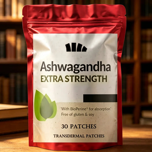 Red pouch of 30 Ashwagandha transdermal patches for adaptogen stress relief and extra strength support.