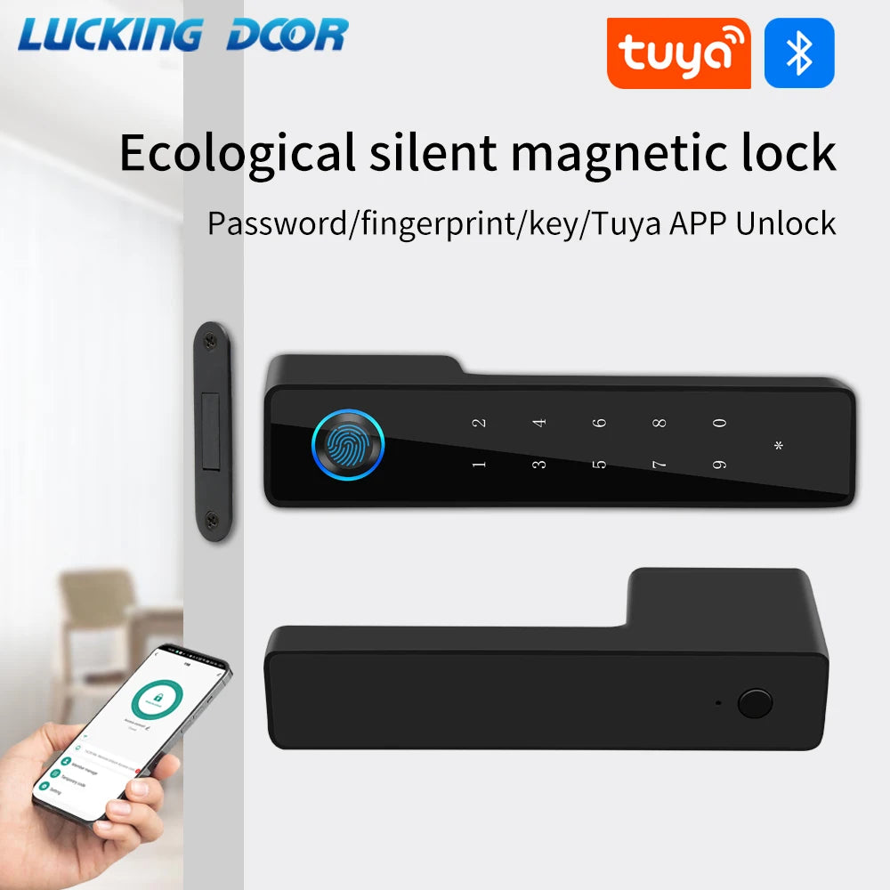 European Handle Door Fingerprint Lock Hidden Keyhole Tuya for Bedroom Study Magnetic One-word Minimalist Ecological Silent Lock