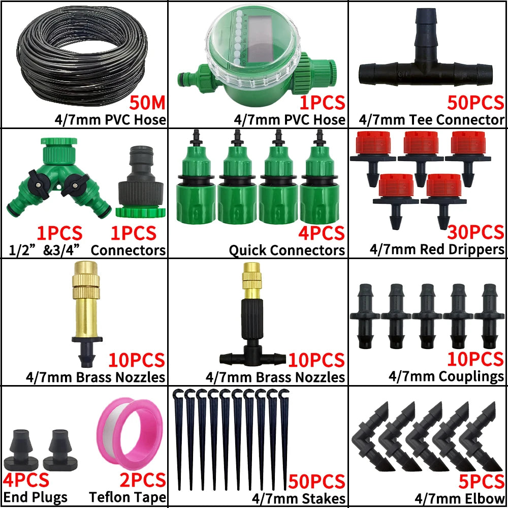 4/7mm micro drip irrigation kit with 50m hose, connectors, tee, red drippers, stakes