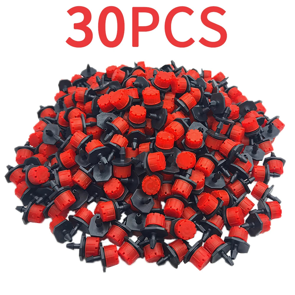 Bulk pack of 30 red-and-black adjustable drip emitters for micro irrigation