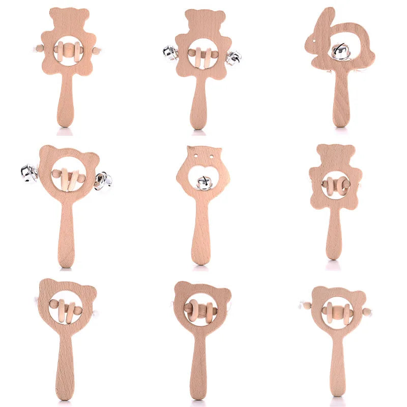1Pcs Animal Shape Baby Wood Teether Rabbit Owl Beech Wooden Ring Teether Nursing Pendant Baby Rattles Chew Toys