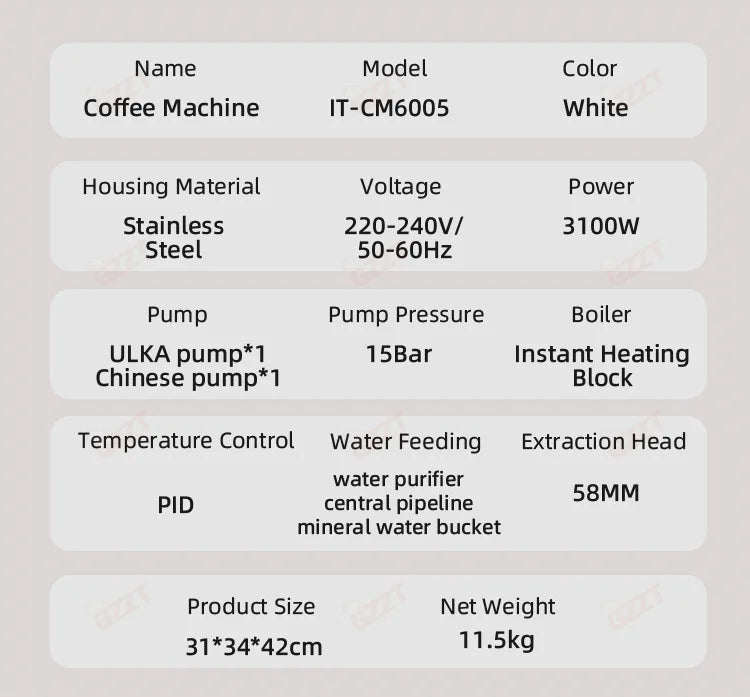 White stainless steel GZZT IT-CM6005 coffee machine, 31x34x42cm, 15 bar pump, and 58mm extraction head.