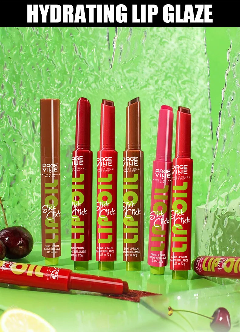 Click Press moisturizing lip glaze pens in assorted shades with a shiny, waterproof finish against a water-splash backdrop.