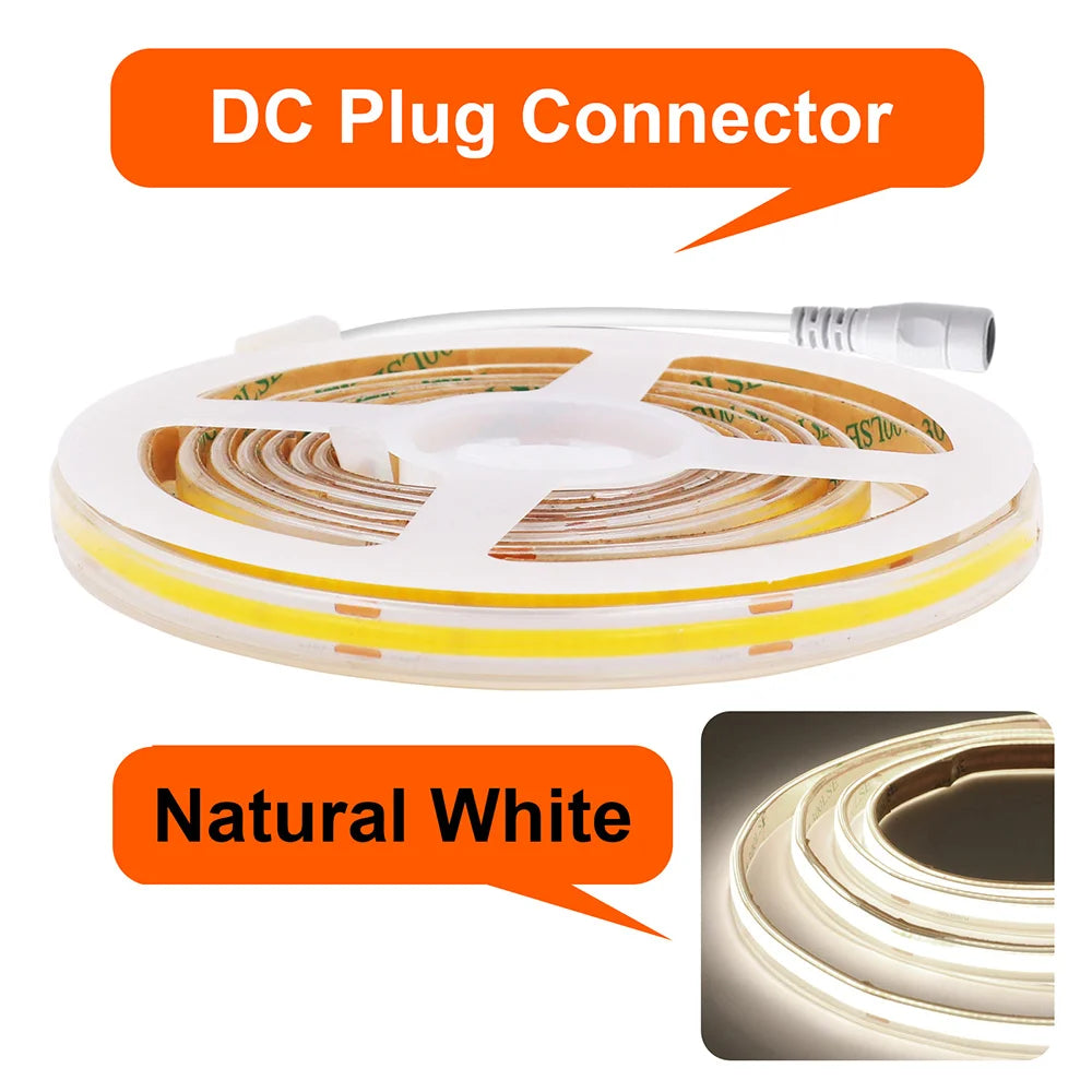 Flexible LED strip light on reel with DC plug connector, natural white glow