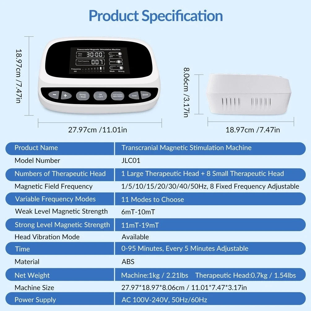 White ABS plastic transcranial magnetic stimulation machine with digital display and control buttons for therapy.