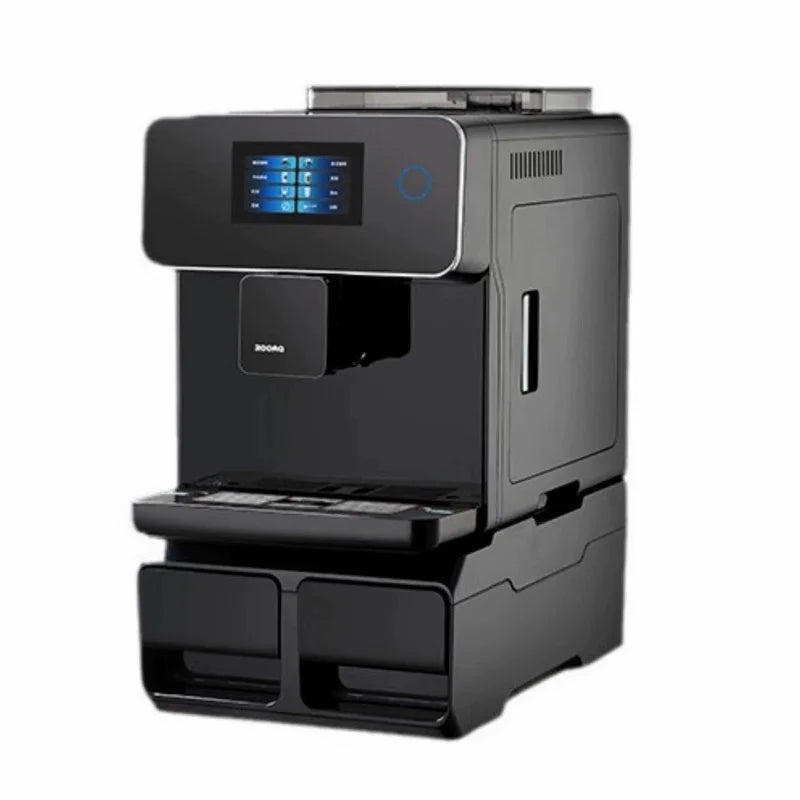 Black automatic espresso coffee machine with touchscreen display and sleek modern design for home or office use.