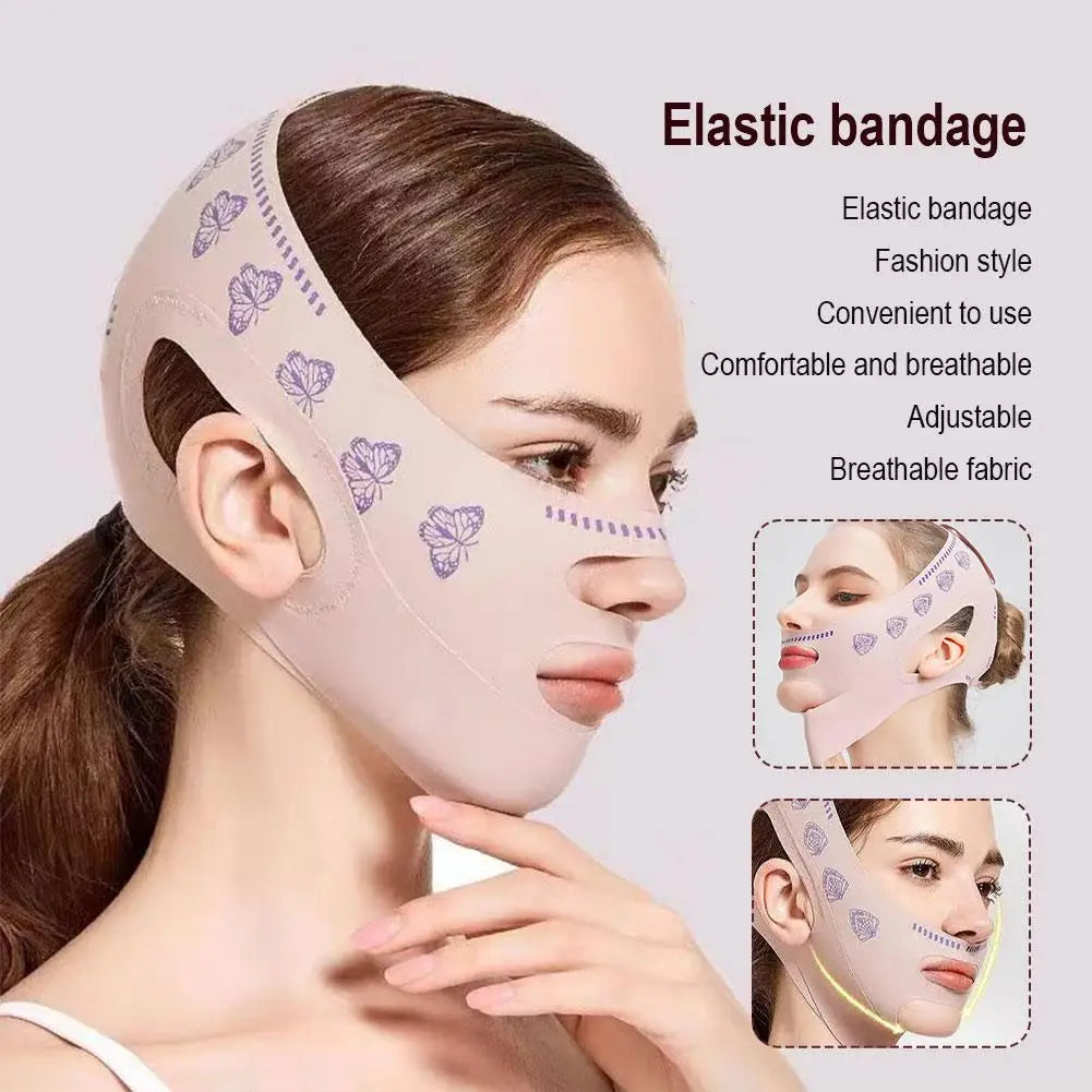 A beige, butterfly-print elastic face-slimming bandage worn to support the chin and jawline.