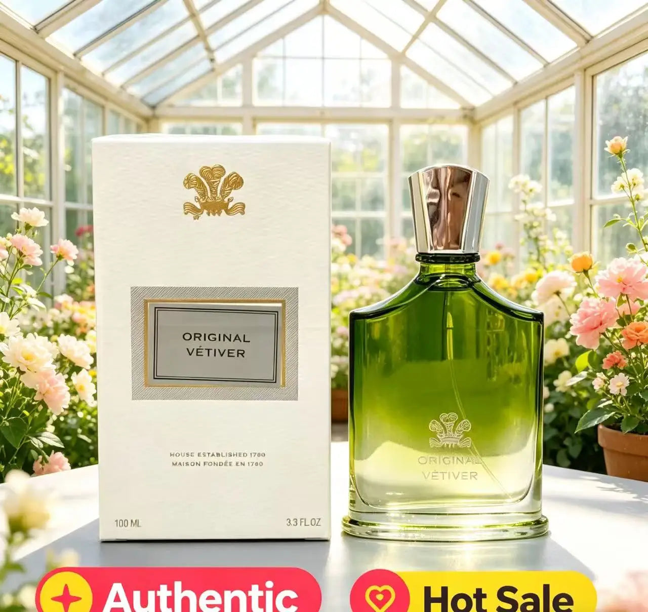 Creed Original Vetiver 100ml men’s cologne in a square green glass bottle with silver cap, fresh woody fragrance.
