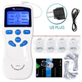 White dual-channel TENS EMS pulse massager with 8 modes, LCD screen, US plug, cables, and 4 electrode pads.