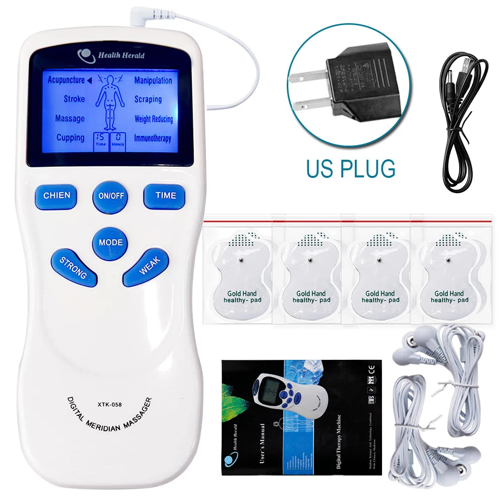 White dual-channel TENS EMS pulse massager with 8 modes, LCD screen, US plug, cables, and 4 electrode pads.