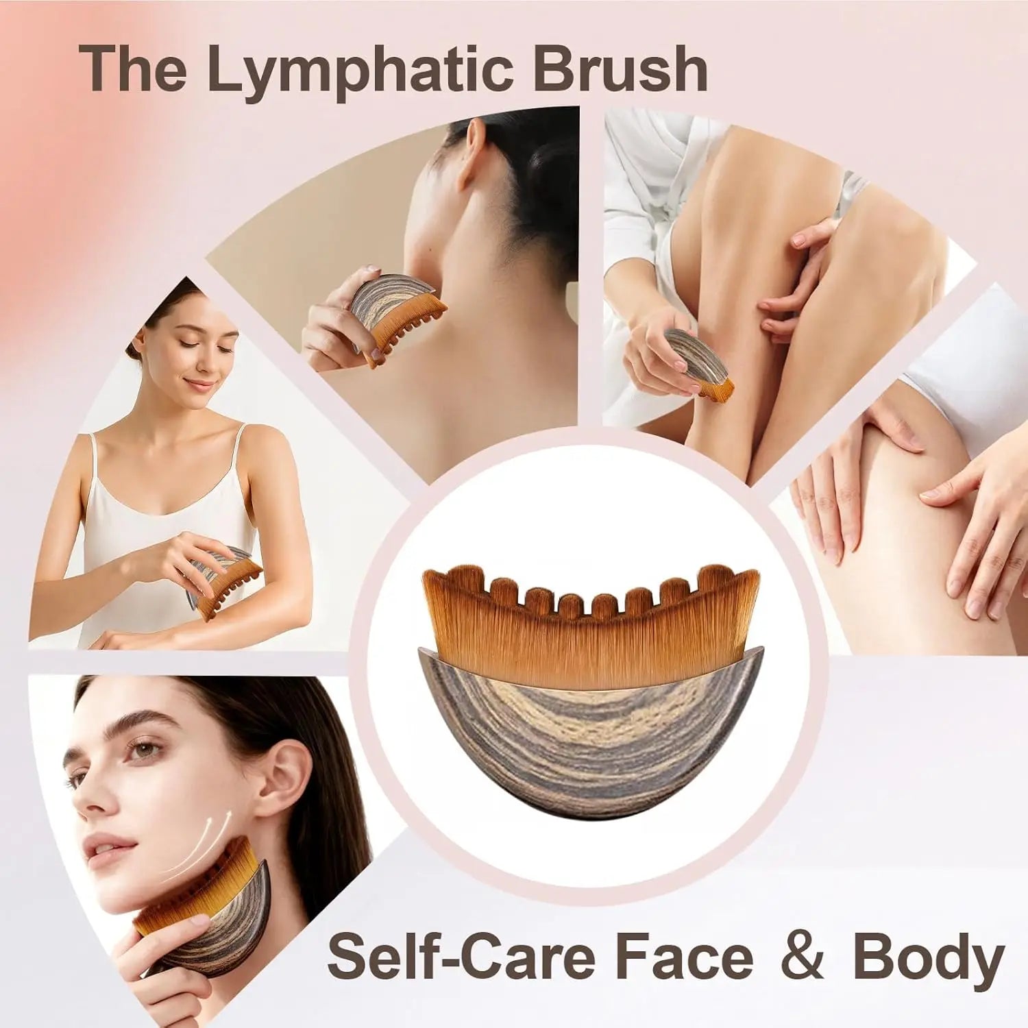 Crescent-shaped lymphatic massage brush with a faux wood grain handle and soft nylon bristles, used on face and body.
