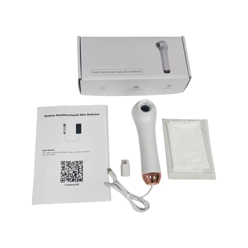 White HD scalp and skin follicle analyzer device kit with handheld magnifier, manual, cables, and retail box.