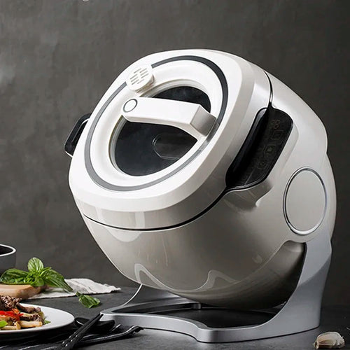 White cooking machine with non-stick pot and side control panel on a base stand
