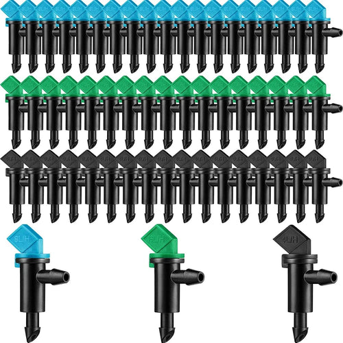 60-pack drip irrigation flag emitters with black bodies and green/blue adjustable caps