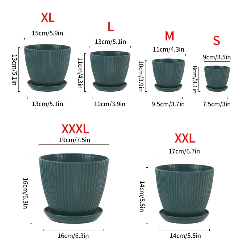 Ribbed plastic plant pot with matching tray size chart in dark teal, multiple sizes