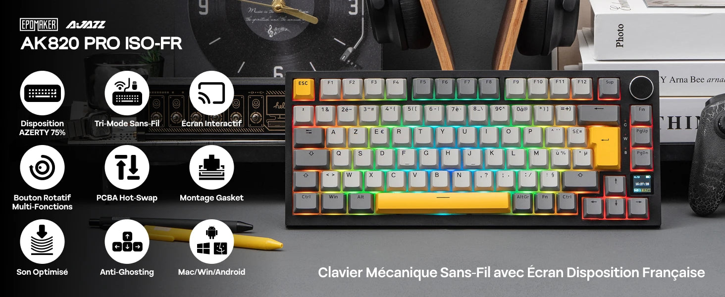 ISO-FR Layout EPOMAKER X AJAZZ AK820 PRO 75% AZERTY French Gasket Wired/Bluetooth/2.4GHz Wireless Mechanical Keyboard with Interactive TFT & 4000mAh