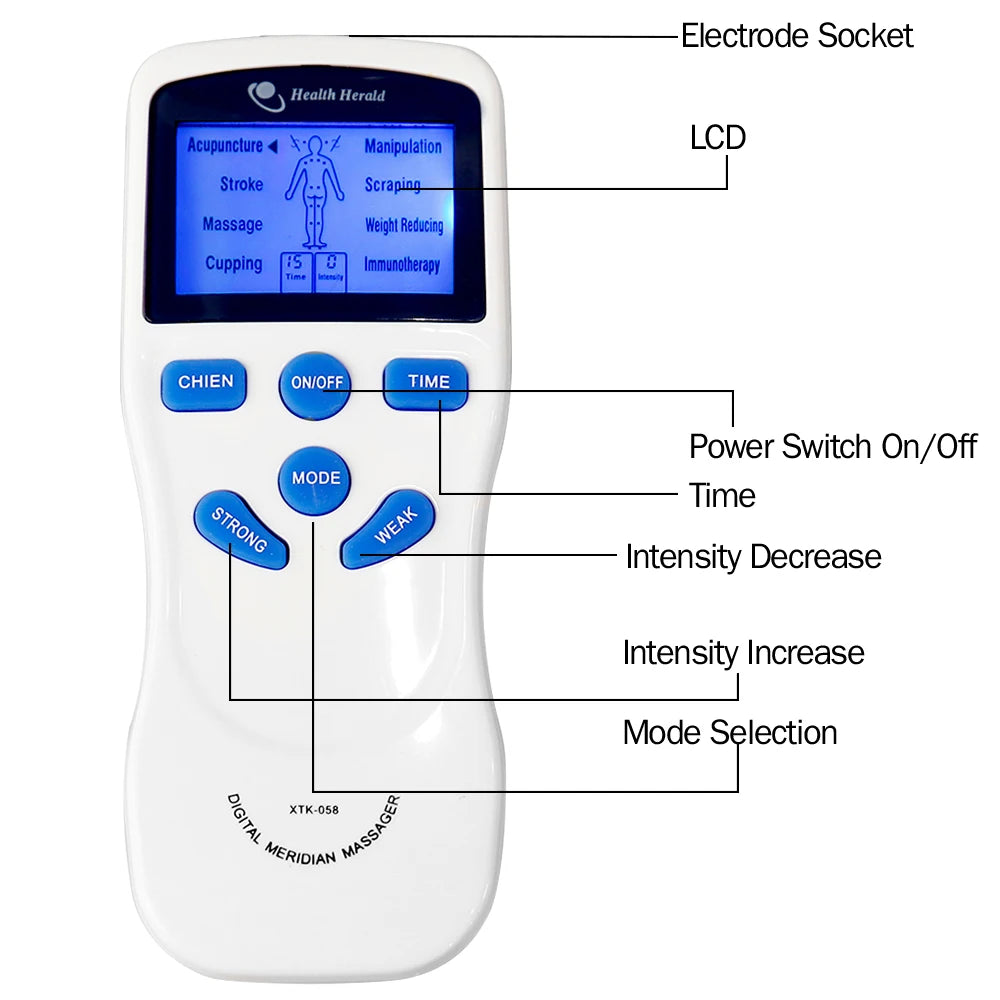 White TENS unit digital therapy massager with LCD screen, 8 EMS modes, and intensity buttons for muscle pain relief.