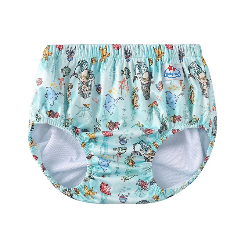 Babyland reusable baby swim diaper in light blue with mermaid and ocean print.