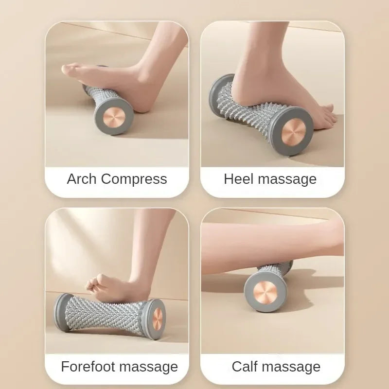 Manual spiky foot massage roller for plantar fasciitis, arch, heel, and calf muscle relief in grey and rose gold.