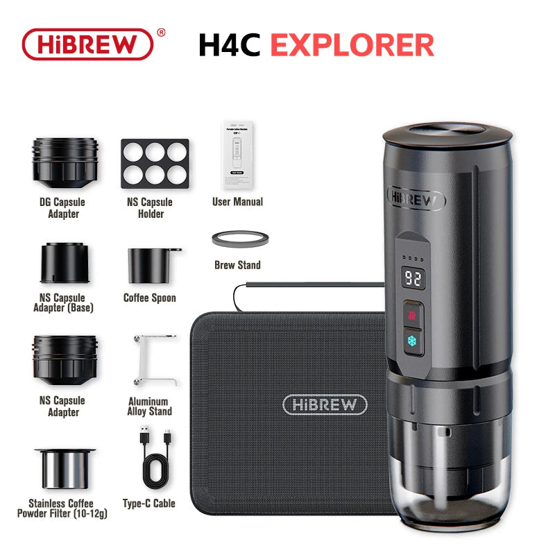 HiBREW H4C Explorer portable coffee maker kit in black with adapters, carry case, and accessories on white background.