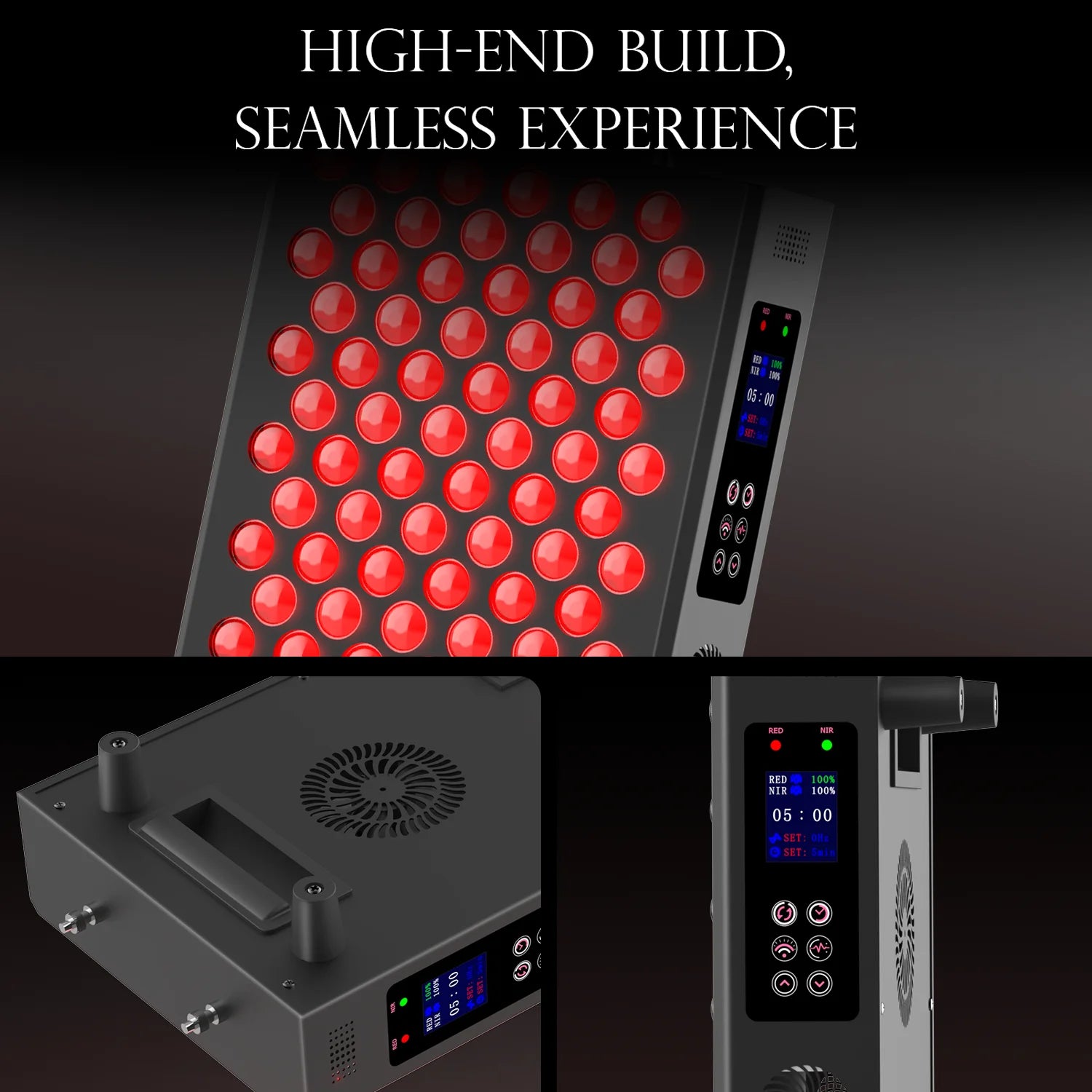 Red light therapy panel for face and body with LED 660nm 850nm wavelengths, digital timer, and cooling fan system.