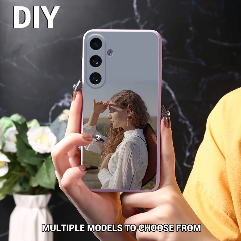 Customized light pink smartphone case featuring a personal photo of a woman, designed for phone protection.