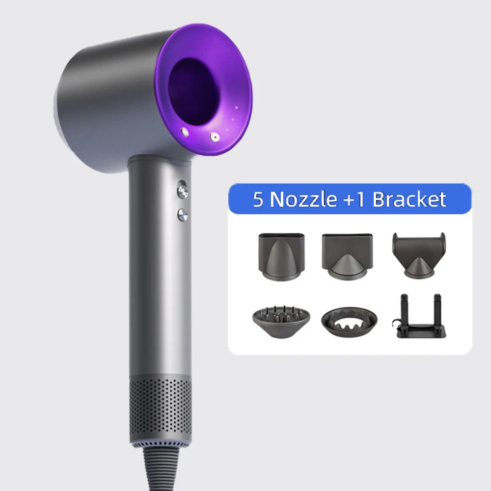Grey and purple high-speed negative ion hair dryer with 5 magnetic nozzles and stand for fast, professional drying.