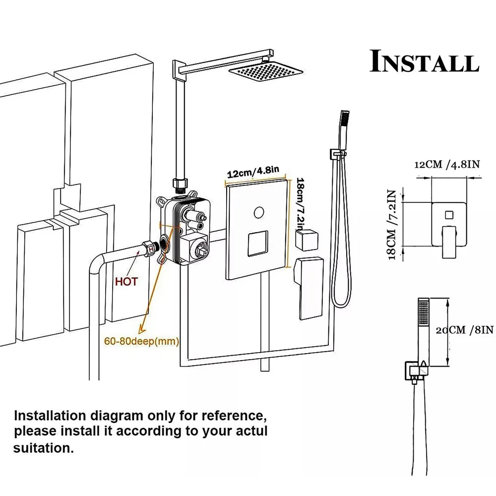 Matte Black Wall Mount Bathroom Shower Faucet 12/16" Rainfall Mixed Hot Cold Water Mixer Shower Tap with Hand Sprayer