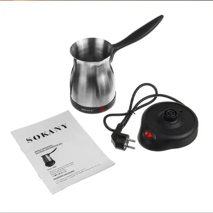 Sokany stainless steel electric Turkish coffee maker with black base, power cord, and user manual on white background.