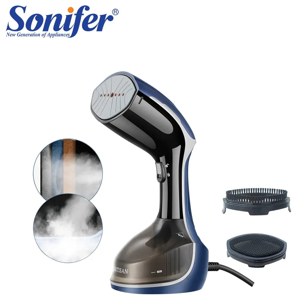 Sonifer handheld garment steamer in blue and black with detachable fabric brush attachments and continuous steam for clothes.