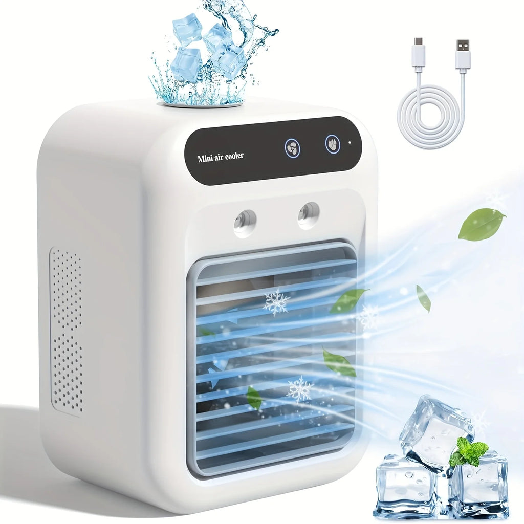 Tidesmit portable mini air cooler with water tank and 1800mAh battery showing side profile and cooling features