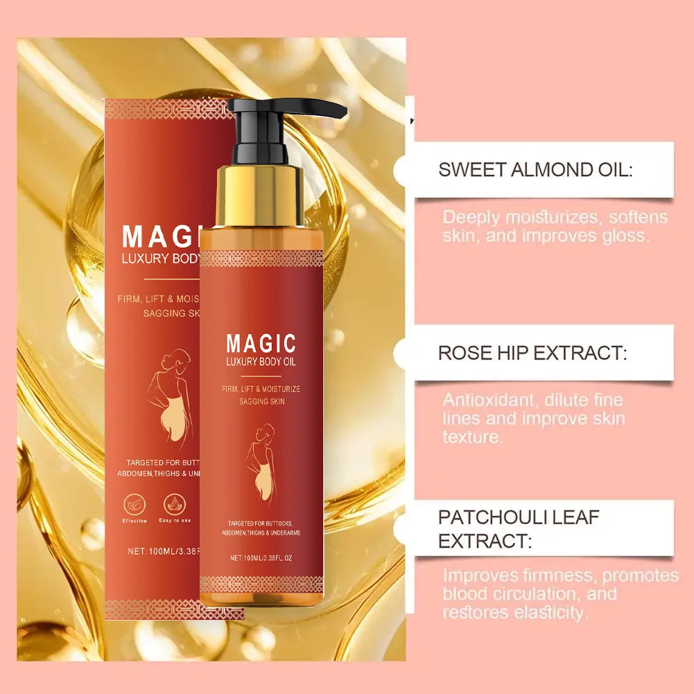 Red and gold 100ml pump bottle of Magic Luxury Body Oil with product benefits listed on a peach background.