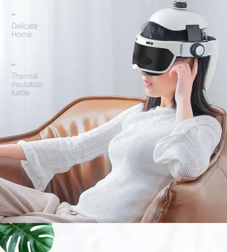Woman wearing white integrated head and eye massager helmet for scalp, neck, and eye therapy at home.