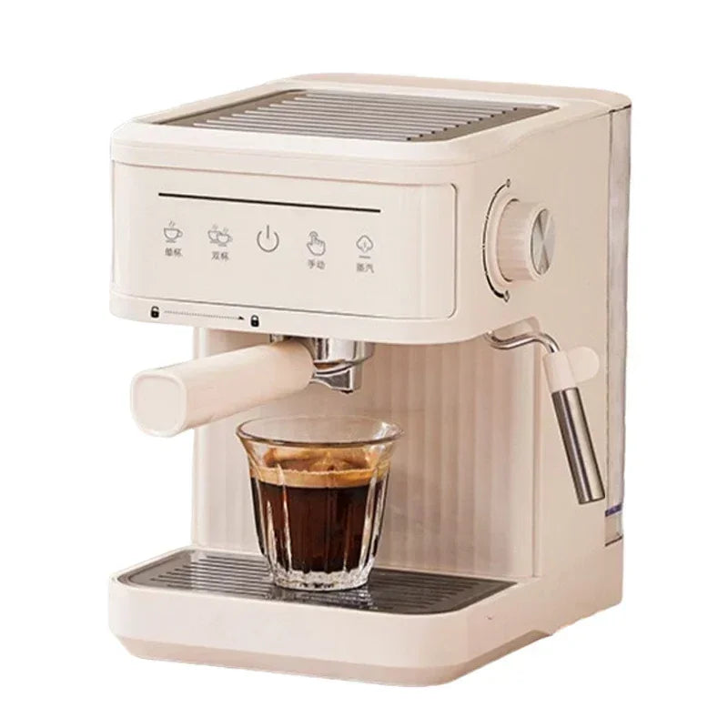 Cream-colored home espresso machine with a portafilter, steam wand, and drip tray, brewing a fresh glass of coffee.