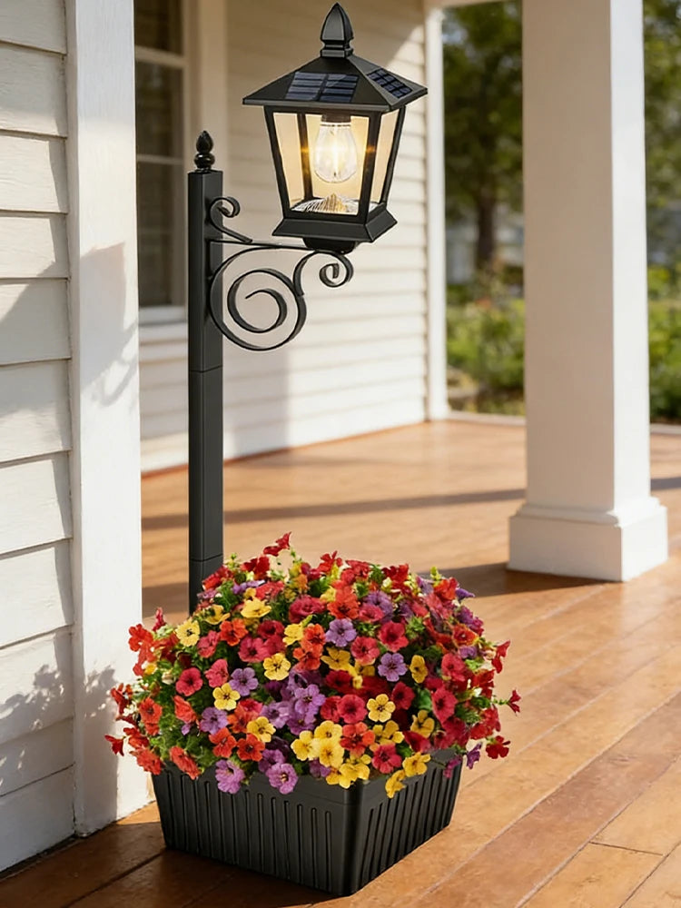 2 In 1 Outdoor Flower Pots Light with Planter Freestanding Planters Lamp Decorative Solar Lamp for Outside/Front Door/Yard/Lawn