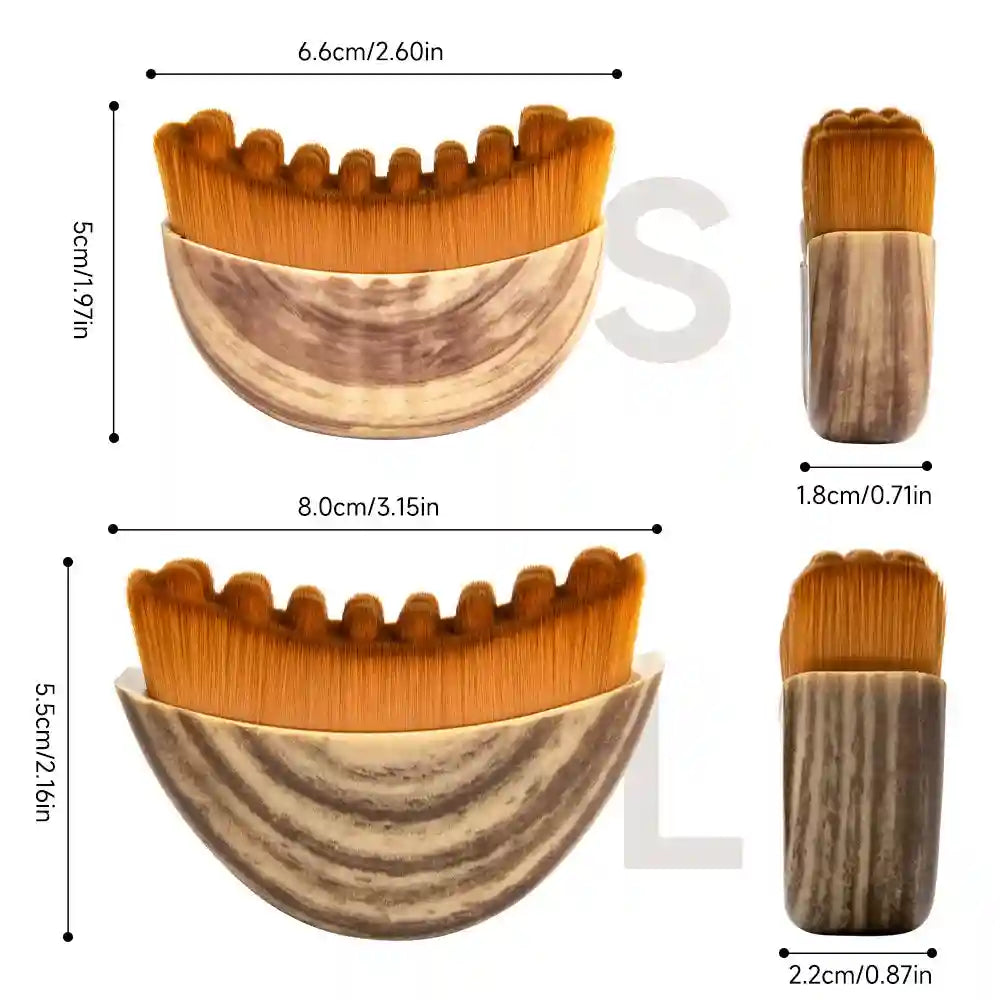 Two sizes of curved contouring face brushes with brown bristles and wood-grain patterned handles shown with dimensions.