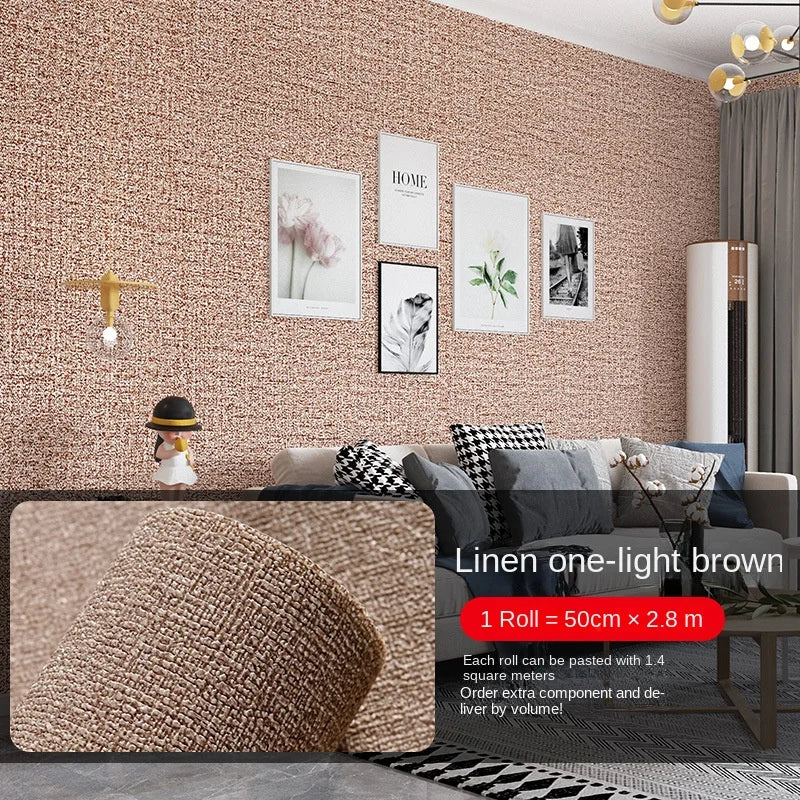 Self-adhesive linen-texture wall panel wallpaper in light brown, roll close-up and room view