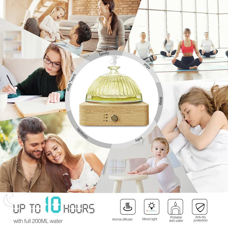 Glass Essential Oil Diffuser Wood Base Glass 200ml Ultrasonic Aroma Diffusers With Timer Waterless Auto Off For Home Office