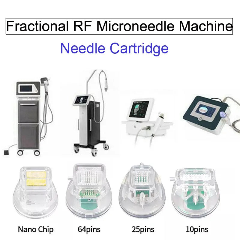 Fractional RF microneedle machines and clear plastic needle cartridges with varying pin counts for skin treatments.