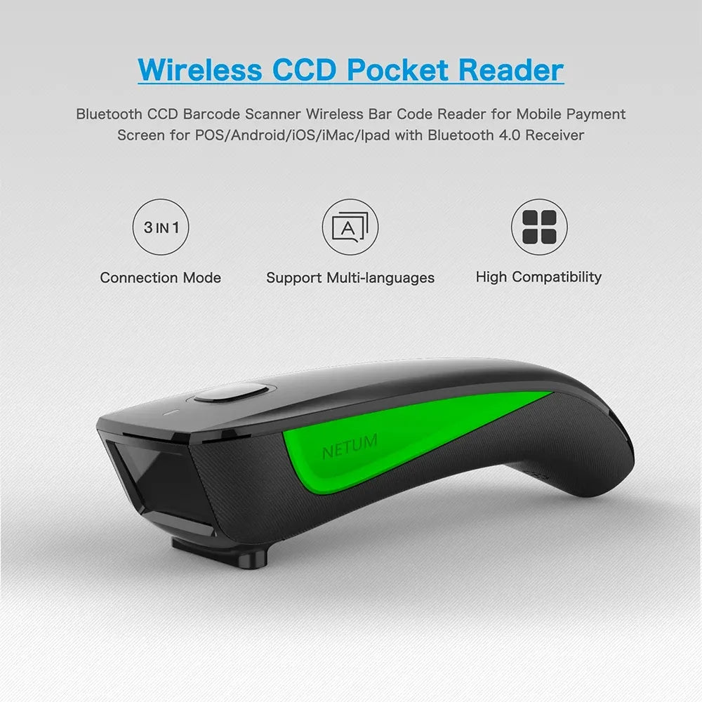 Wireless CCD pocket barcode reader with green stripe, black handle, and top scan lens