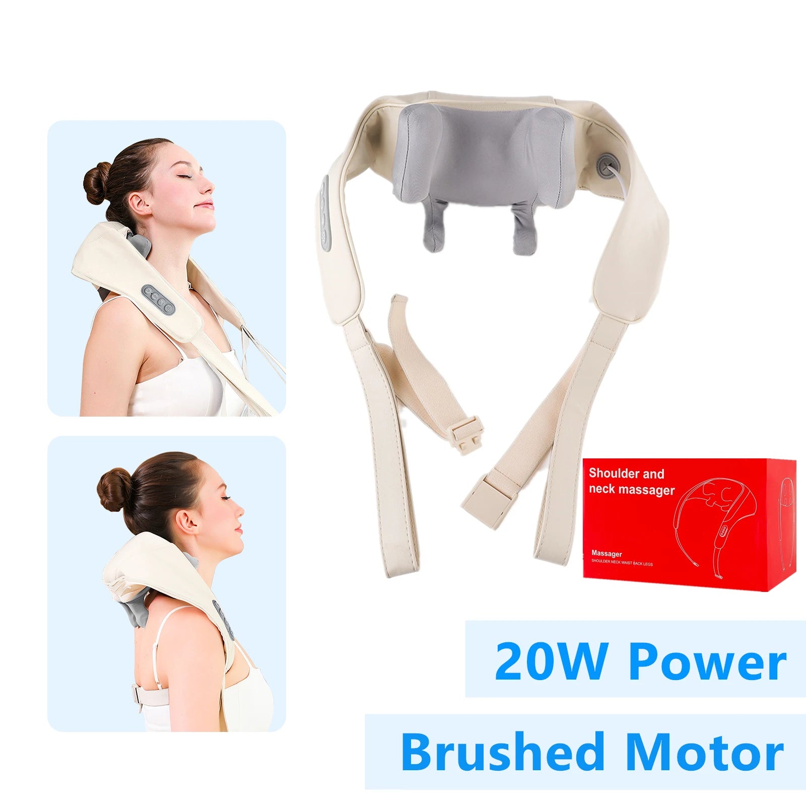 Beige, U-shaped shoulder and neck massager with grey cushions, adjustable straps, and control buttons for muscle relief.